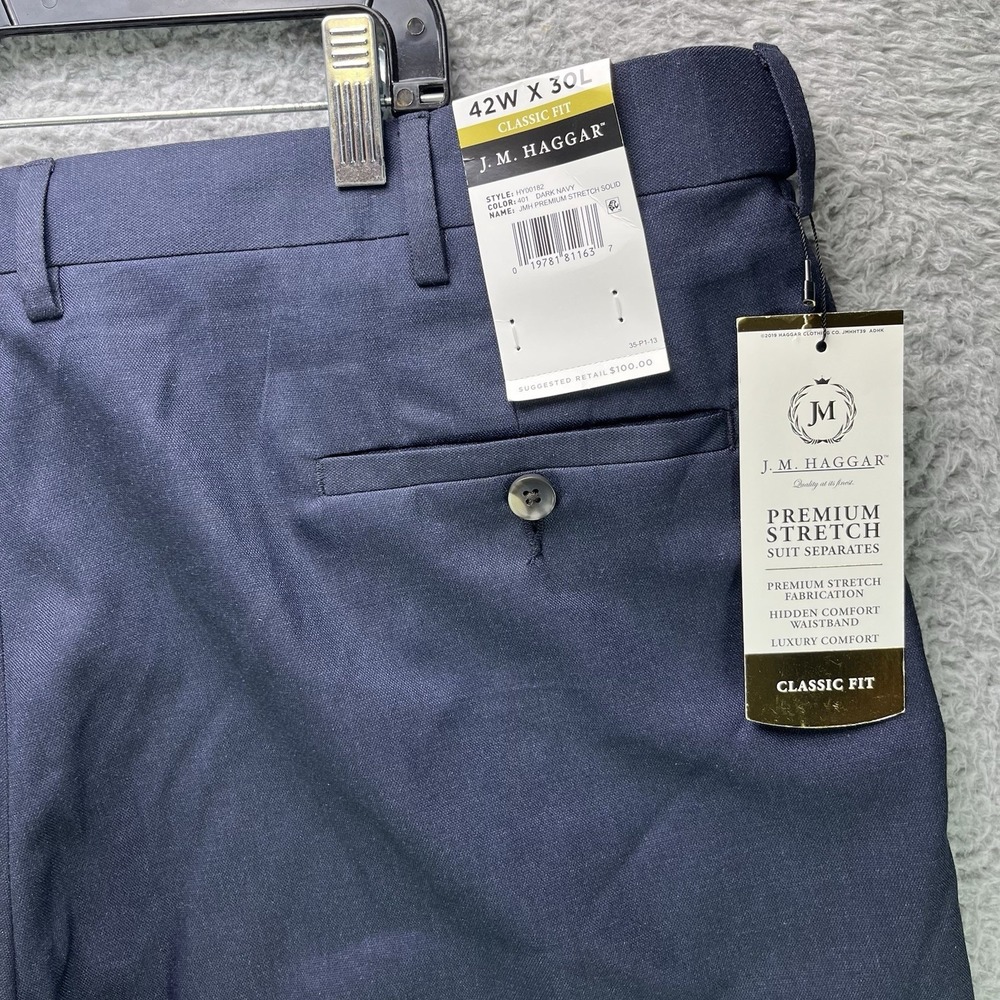 Haggar Dress Pants Mens 42x30 Blue Premium Stretch Classic Fit Suit Separate NWT